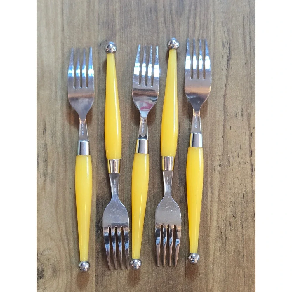 10pc Stainless Steel Dinner Forks Salad Forks Neon Plastic Tapered Handles MCM